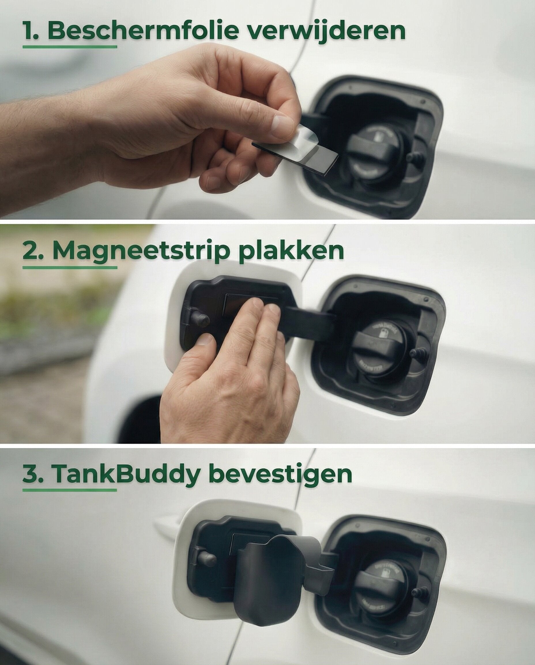 Installatie van de TankBuddy magneetstrip in de tankklep van een auto voor direct gebruik tijdens het tanken.