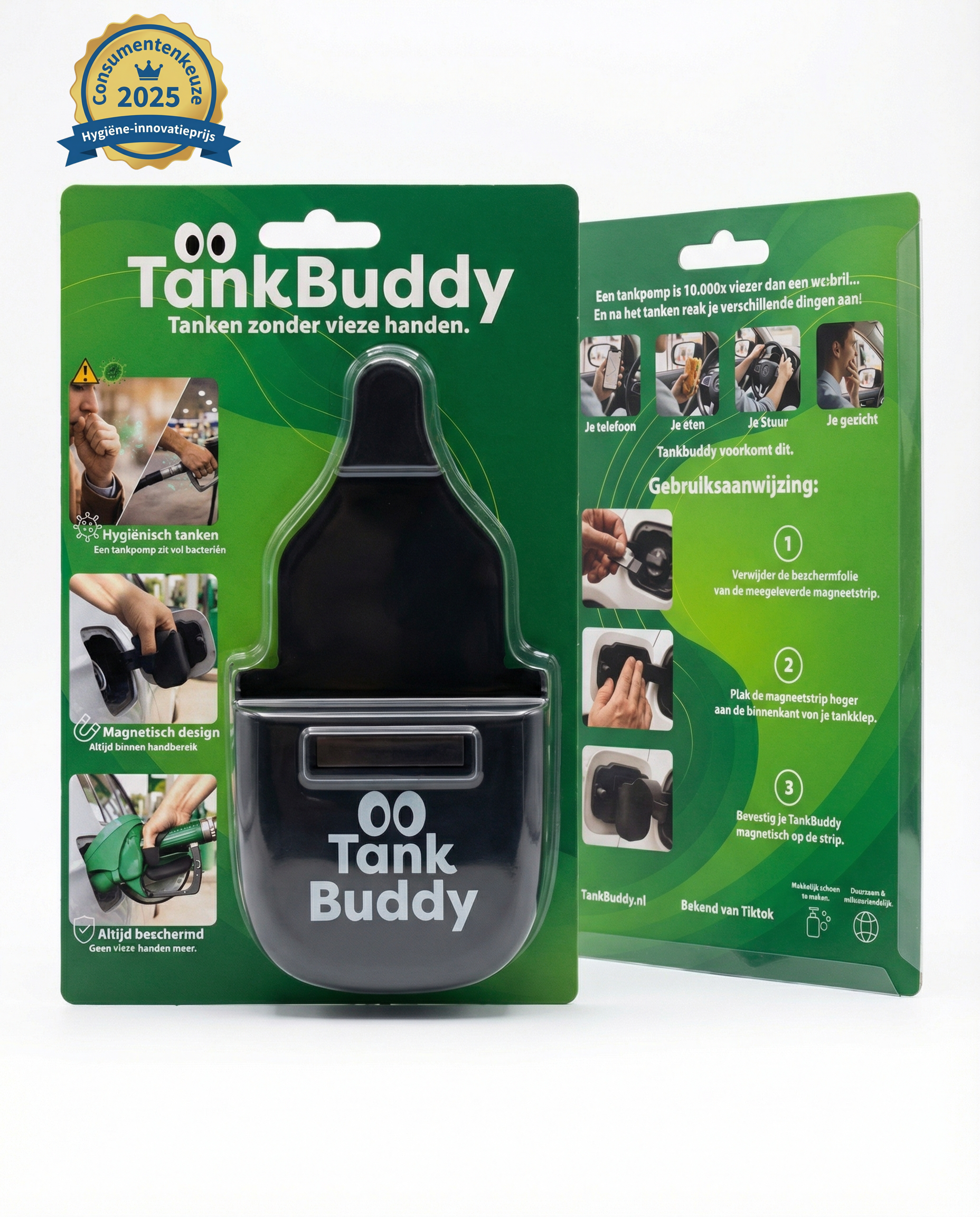 TankBuddy magnetische tankhandschoen in verpakking voor hygiënisch tanken zonder direct contact met de tankpomp.